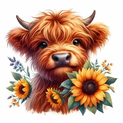 Illustration of a cute baby Highland cow with long hair and sunflowers