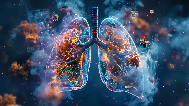 a pair of human lungs enveloped by particles and pathogens, vividly illustrating concepts related to respiratory health or diseases.