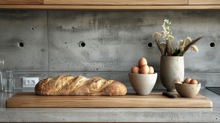   A loaf of bread on the counter, beside a bowl of eggs and a vase with flowers - obrazy, fototapety, plakaty