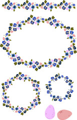 Vector set of frames and borders, stylized folk art flowers and leaves, spring motifs, Easter decorations, decorative elements for decoration, wreaths