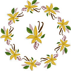 Tropical  wreath, frame. Vector decor, doodle style. .Vanilla flowers