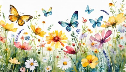 wildflowers plants flying butterflies dragonfly floral seamless pattern watercolor horizontal border isolated hand painting illustration summer meadow