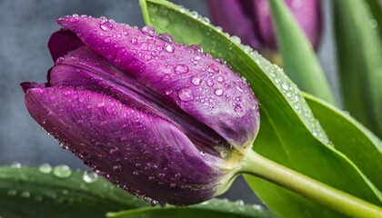 a purple tulip with water drops on it