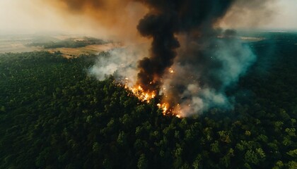aerial photography of a massive forest fire drone top view of wildfire with smoke and burning trees from the height of a bird flight ecological catastrophe 6k high resolution image generative ai - Powered by Adobe