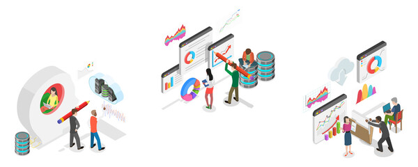 3D Isometric Flat  Illustration of Big Financial Data, Statistical Report Chart
