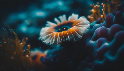 an image featuring a close up of an orange and white sea anemone on a blue and purple sea anemone background - obrazy, fototapety, plakaty