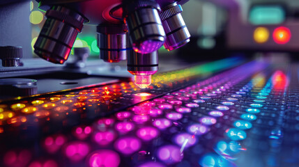 An artistic image of a microscope with a colorful sample illuminated under the lens