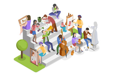 3D Isometric Flat  Illustration of Art Society, Collection of Hobbies and Modern Professions