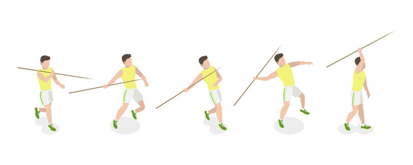 3D Isometric Flat  Set of a Character Javeling Throwing, Sports Activity