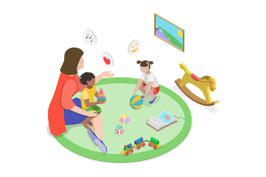 3D Isometric Flat  Illustration of Family Nanny, Babysitting and Daycare