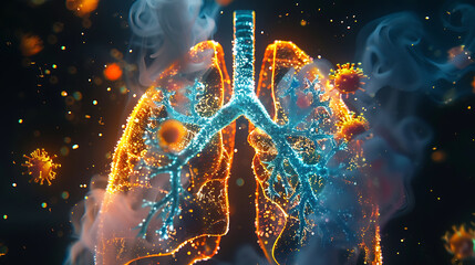 a pair of human lungs enveloped by particles and pathogens, vividly illustrating concepts related to respiratory health or diseases. - obrazy, fototapety, plakaty