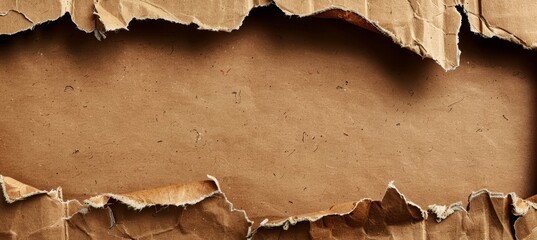 A torn cardboard box with visible texture and ripped edges for background or text area. Web banner with copyspace.