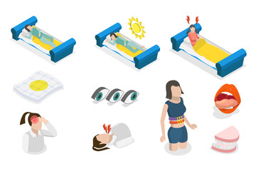 3D Isometric Flat  Illustration of Sleep Disorders, Sleeplessness or Insomnia