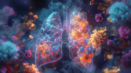 a pair of human lungs enveloped by particles and pathogens, vividly illustrating concepts related to respiratory health or diseases.