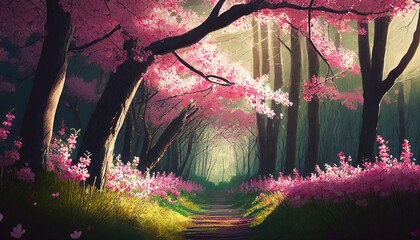 cherry blossom trees woodland forest japan japanese blossoms tree seasonal pink bloom generated ai