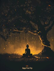 Vesak Day with Buddha and the Bodhi Tree. A mesmerizing Vesak Day graphic with the silhouette of Buddha meditating under the Bodhi tree, surrounded by a mystical glow and fluttering butterflies