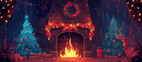 Winter-themed illustration featuring a festive fireplace, presents, and decorated trees creating a warm and inviting atmosphere for the holiday season