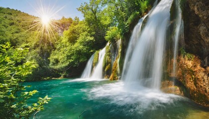 waterfall over rock and greenery with sun from left through foliage croatia
