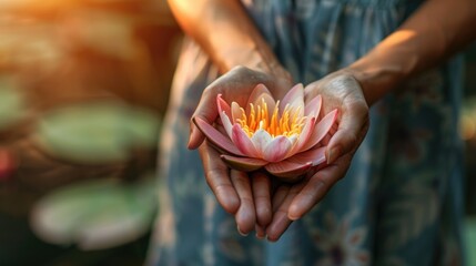 Hands Offering Lotus Flower for Vesak Day. Hands gently cradle a blooming pink lotus flower, symbolizing purity and enlightenment for Vesak Day - obrazy, fototapety, plakaty