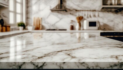 selective focus marble table top on blur white kitchen room background