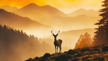 horizontal banner silhouette of deer doe fawn standing on hill forest and mountains in background magical misty landscape fog yellow orange brown illustration background