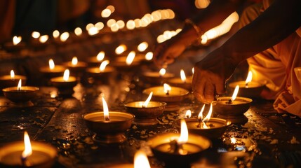Devotees Lighting Candles for Vesak. In the warm glow of candlelight, devotees are seen lighting oil lamps during Vesak, creating a path of flame that signifies enlightenment and hope