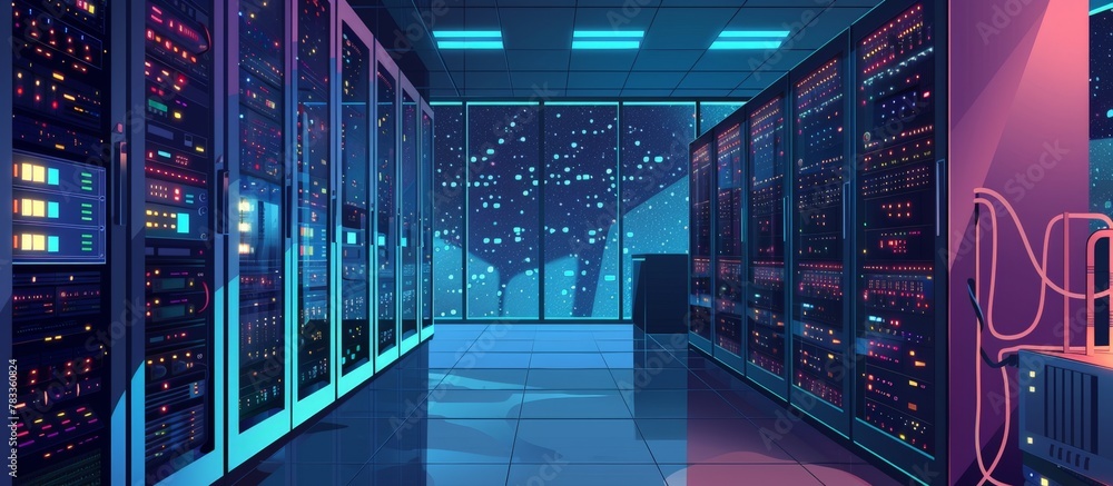 Poster rows of server racks in a lengthy corridor overlooking a cityscape view