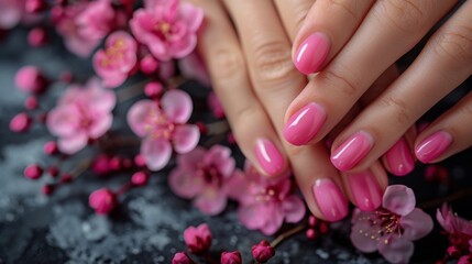 Obraz na płótnie Canvas Womans Hands With Pink Nail Polish and Pink Flowers