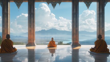 Monks Meditating Overlooking Mountain Vista. Vesak day - obrazy, fototapety, plakaty