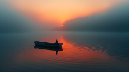 A person is sitting in a boat on a lake at sunset