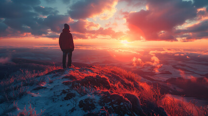 A person is standing on a snowy mountain peak, looking out at the sunset