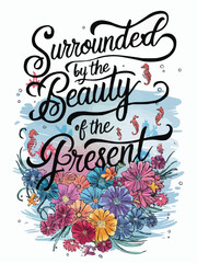 Seahorses flowers and starfish  ocean inspired color palette typography custom vector illustration