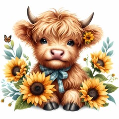 Illustration of a cute baby Highland cow with long hair and sunflowers