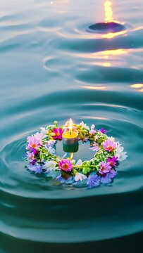 flower wreath crown and a candle in the middle of it floating in the river at sunrise. 