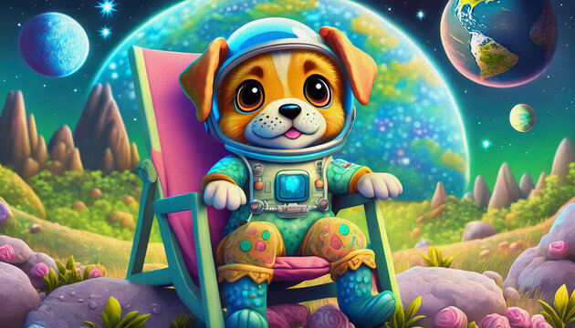 oil painting style CUTE BABY DOG Astronaut sitting in a lawn chair on the moon with earth rising over the horizon,