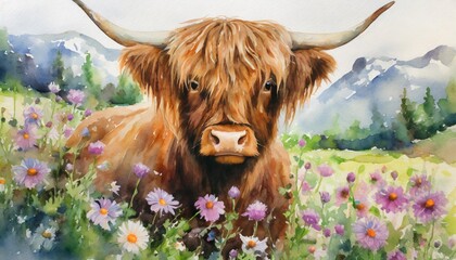 highland cow in flowers watercolor illustration beautiful illustration for printing
