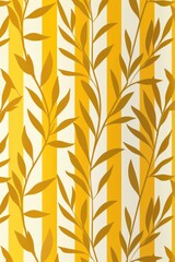 Yellow and white striped wallpaper with leaves