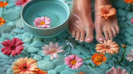 Obraz na płótnie Canvas Womans Feet Soaking in Bowl of Water Among Flowers
