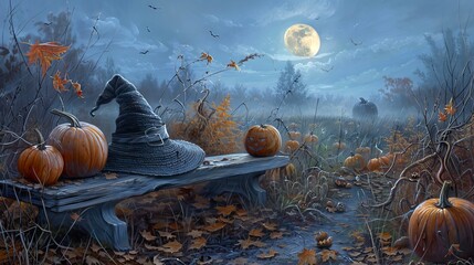 Full moon over glowing pumpkins and magical witch hat. Autumnal Halloween night with festive jack-o-lanterns. Concept of fall celebration, spooky decoration, Halloween magic, enchanted atmosphere