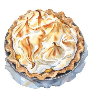 Artistic watercolor painting of a lemon meringue pie, perfect for culinary websites, recipe books, and kitchen art.