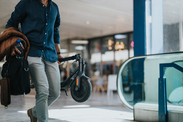 A cropped shot of a businessperson carrying a coat and bag, holding an electric scooter, depicting...