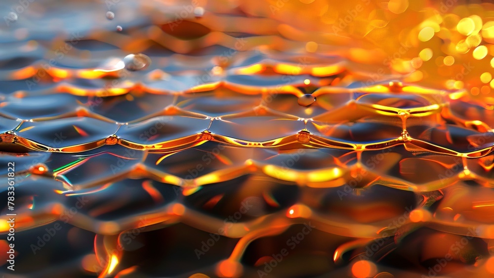 Poster reflective golden honeycomb pattern with a ripple effect. orange hexagonal design on a liquid-like s