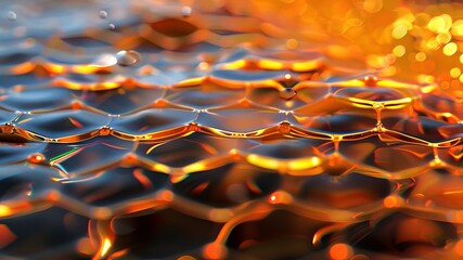 Reflective golden honeycomb pattern with a ripple effect. Orange hexagonal design on a liquid-like surface. Concept of fluid textures, luxury design, and abstract backgrounds. Copy space