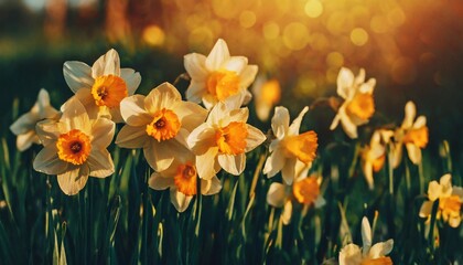 beautiful panoramic spring background with daffodils flowers