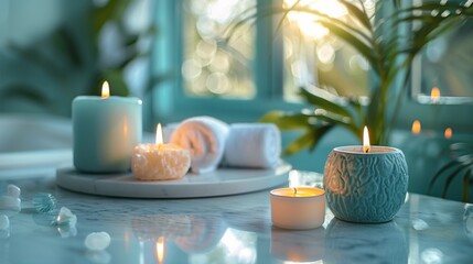 Table With Candles and Potted Plant