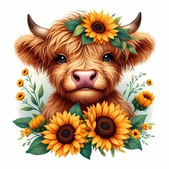 Illustration of a cute baby Highland cow with long hair and sunflowers