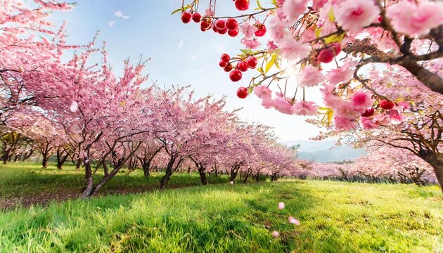 sakura peaches and cherries in pink coral watercolor japan in spring delicate pink landscape spring nature