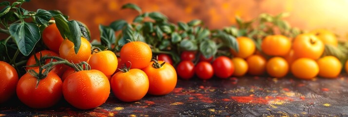 Ripe red and yellow tomatoes with fresh basil on a dark textured background with warm sunlight. Panoramic composition for culinary themes. Design for recipe book, food blog, or banner with copy space. - Powered by Adobe