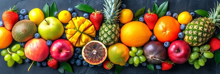 Colorful variety of fresh fruits arranged on dark background. Panoramic food photography with copy space for healthy lifestyle and diet. Design for fruit market banner, nutrition guide, wellness blog