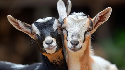   Two goats positioned beside each other atop a verdant field, enclosed by trees in the backdrop